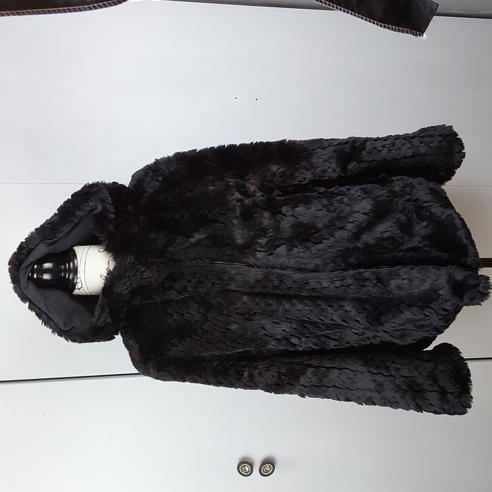 Worthington |Womens Black Faux Fur Coat Reversible Fluffy Neutral Trendy! Sz.L